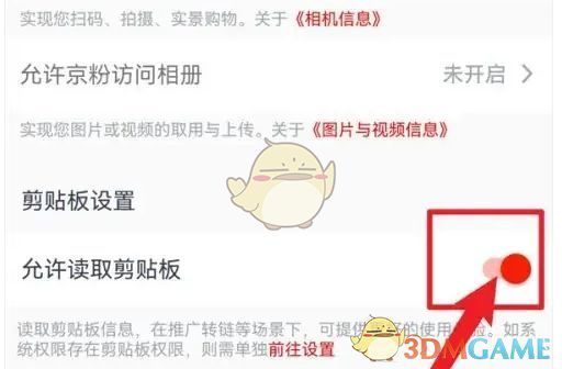 ‘允许读取剪贴板’开关已开启，右侧显示为绿色，表示功能已启用