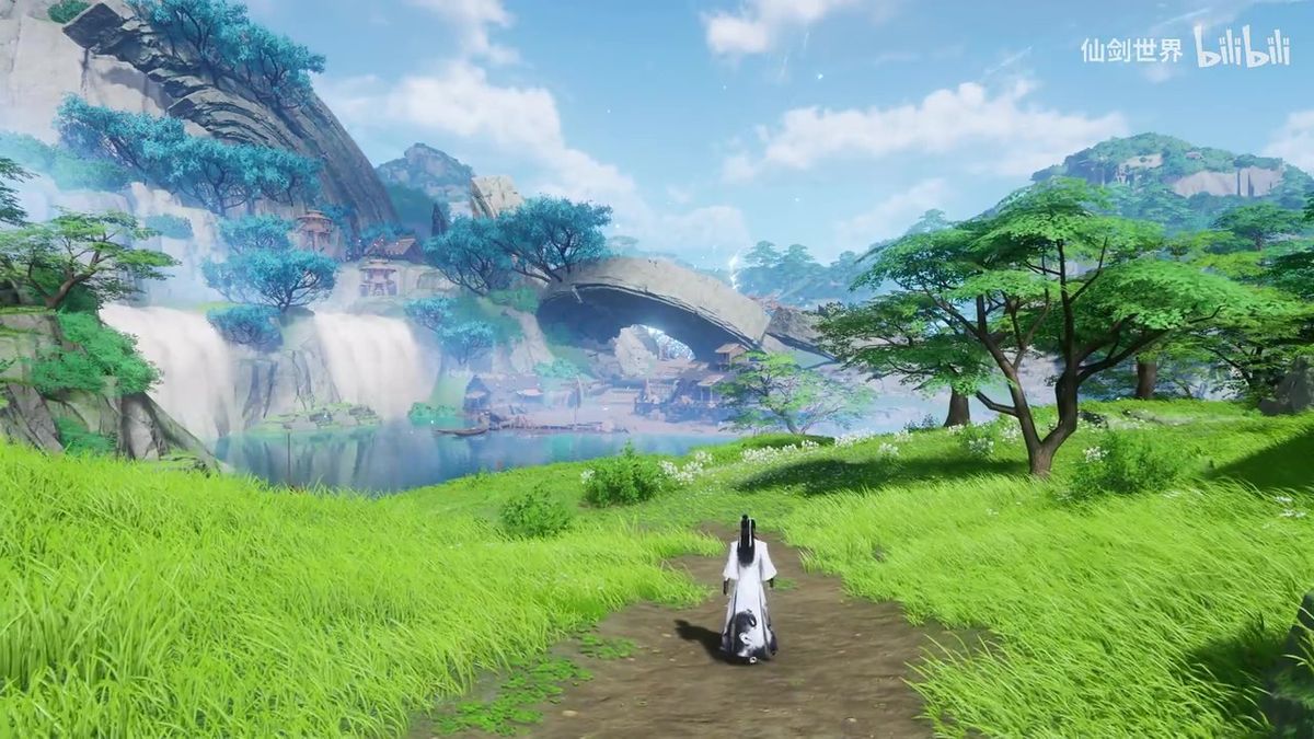 李逍遥与赵灵儿并肩而立的游戏截图，背景为桃花纷飞的庭院场景