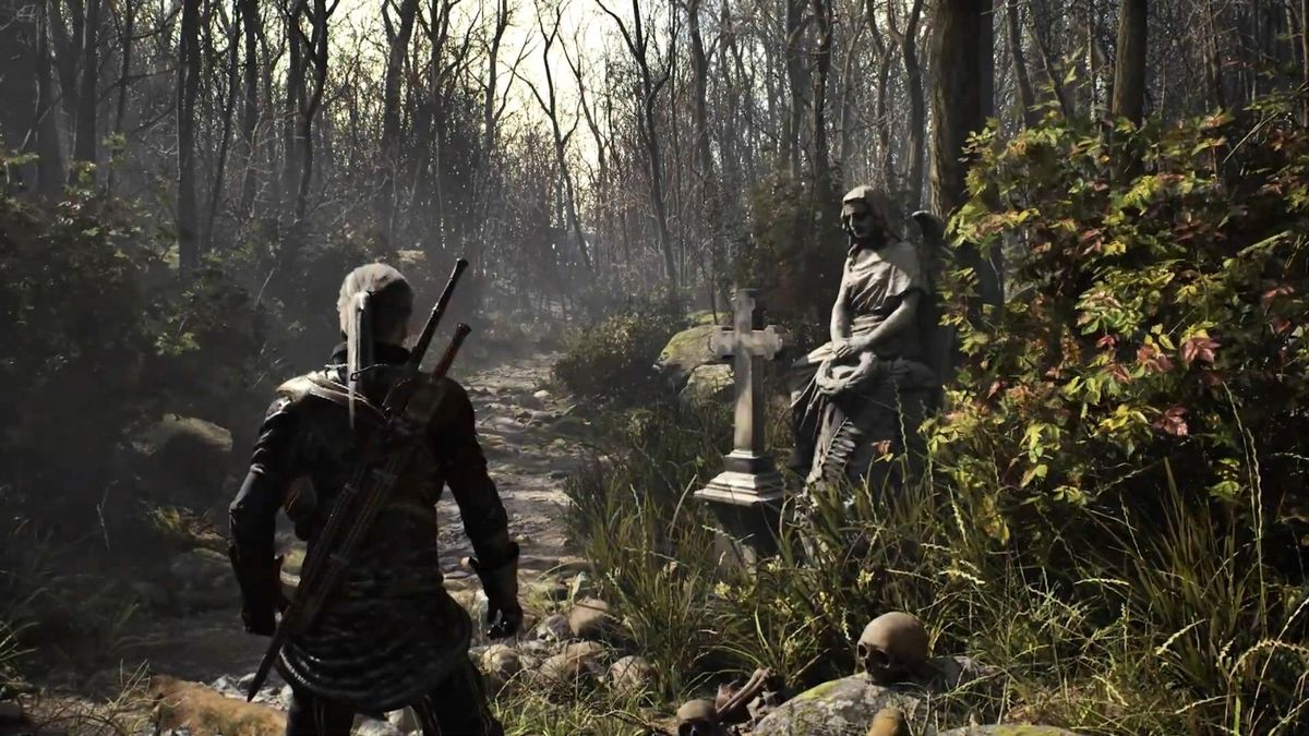 角色站在悬崖边俯瞰山谷，远处山脉与云层交相辉映，天空光照系统极为逼真