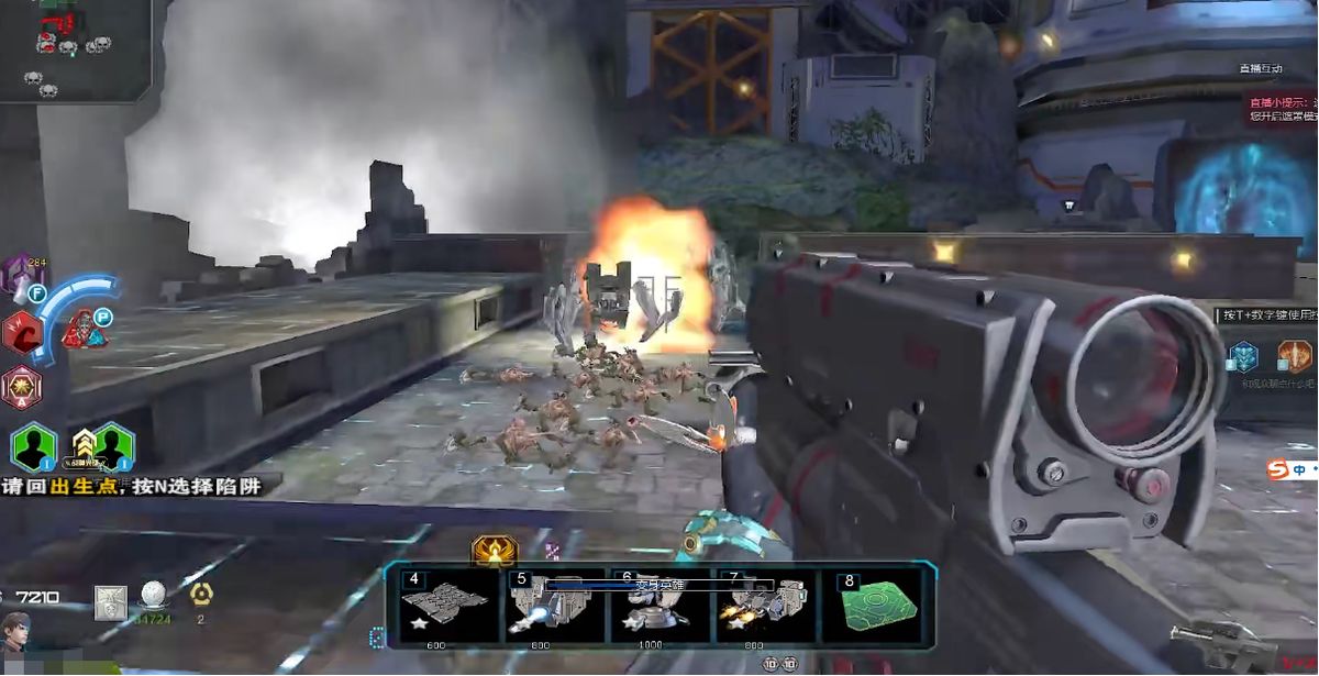 金战云在战场上释放榴弹，爆炸瞬间出现紫色灵魂震爆特效，敌人被眩晕定住