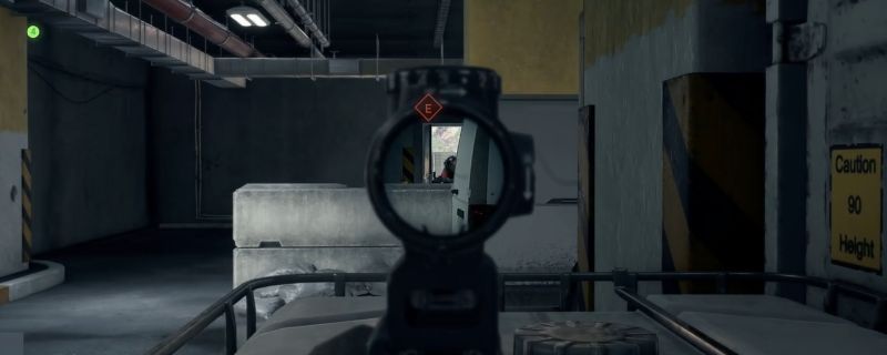 《战地6》纽约E点战术示意图，一名玩家手持近战武器从侧翼快速接近据点，准备伏击正在占点的敌人