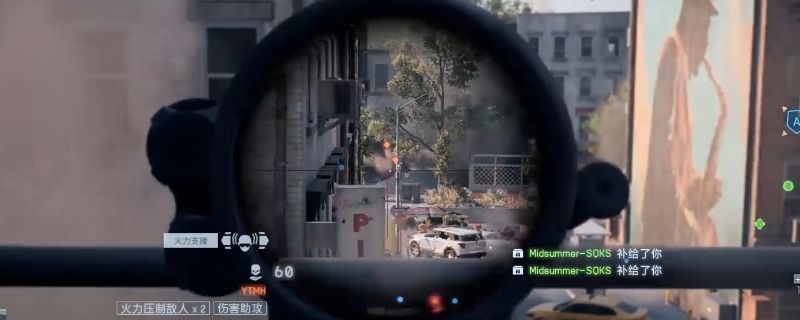 《战地6》纽约地图A点附近高楼俯视角，一名玩家在屋顶架枪，视野覆盖主要通道和交战区域