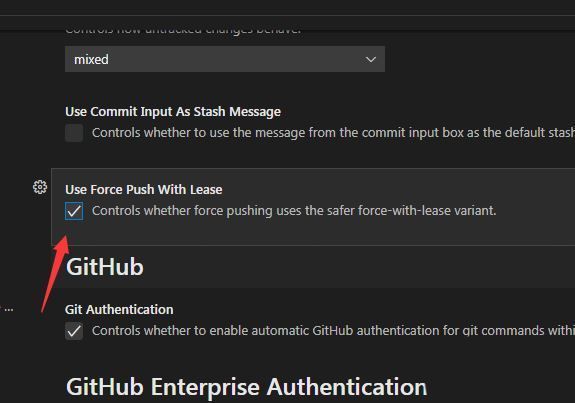 Git设置中Use Force Push With Lease选项被勾选的界面截图