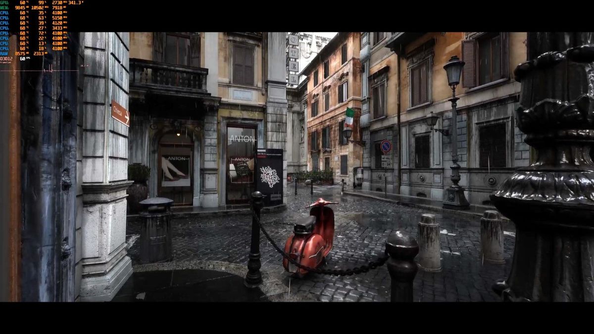 罗马小镇技术演示截图，阳光洒在石板路上，建筑立面细节清晰可见