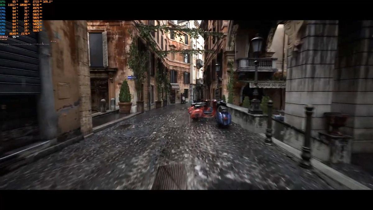 小镇街角场景，一辆意大利风格小摩托停靠在餐馆外，环境光影自然