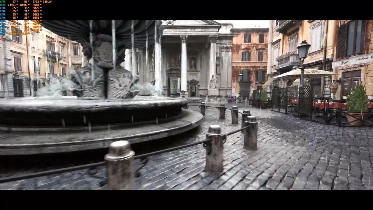 日落时分的小镇广场，暖色调光线映照在建筑群上，氛围温馨