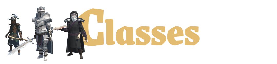 《VIA》三大职业展示图：骑士、法师、弓箭手并列站立，展现各自武器与战斗姿态