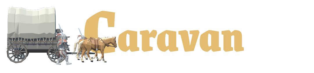 游戏中商队行进画面，马车队伍穿行于森林小道，远处有玩家角色潜伏观察