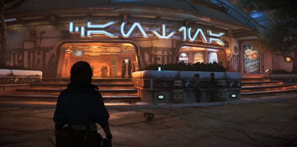 《星球大战：亡命之徒》游戏内战斗场景，主角与敌方士兵在异星城市中交火