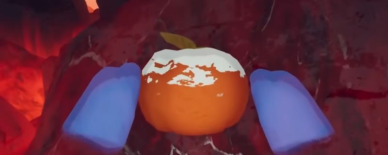 玩家在PEAK游戏中站在火山岩区域，手持食物利用地热进行烹饪的场景，地面泛着红光，显示高温状态