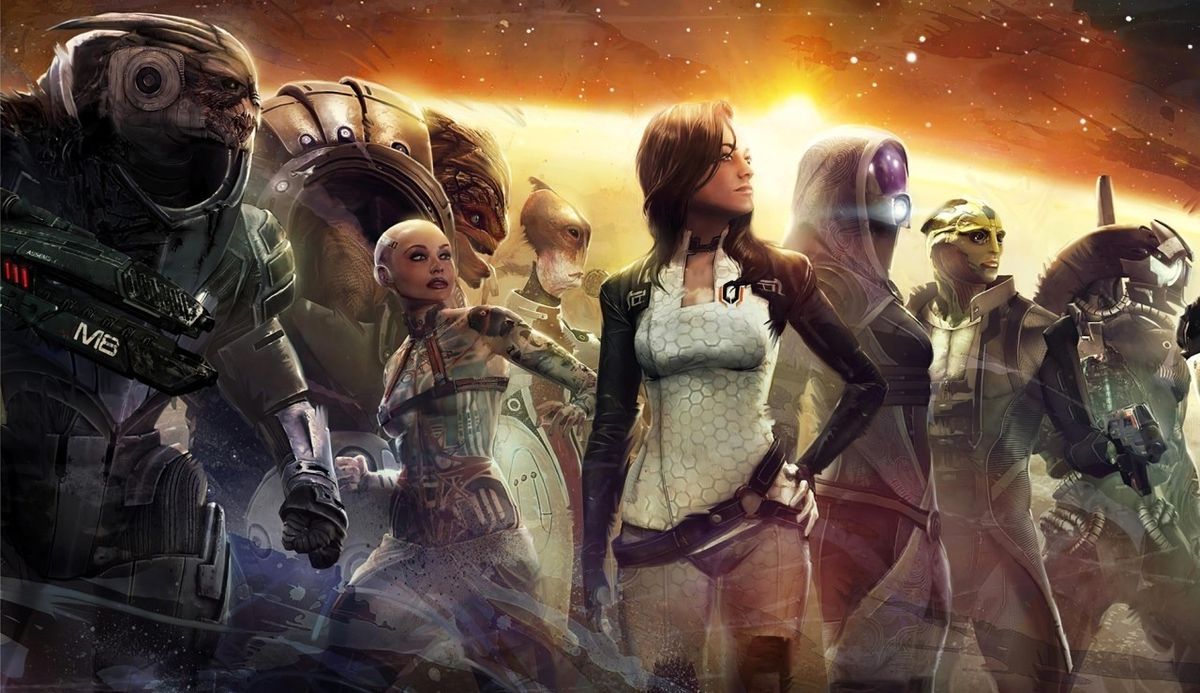 《质量效应：仙女座》游戏封面，主角身穿战斗装甲站在异星地表，背景为巨大的外星飞船与紫色星云