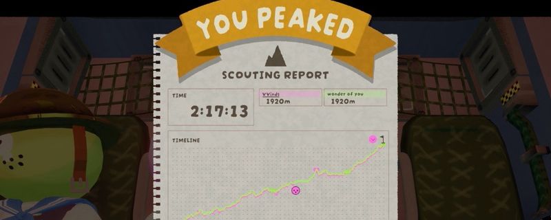 《PEAK》游戏画面展示玩家在雪山悬崖边缘攀爬，背景是朦胧的云海与远处山峰