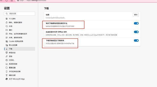 Edge下载设置中两项提示功能已开启，开关呈蓝色激活状态