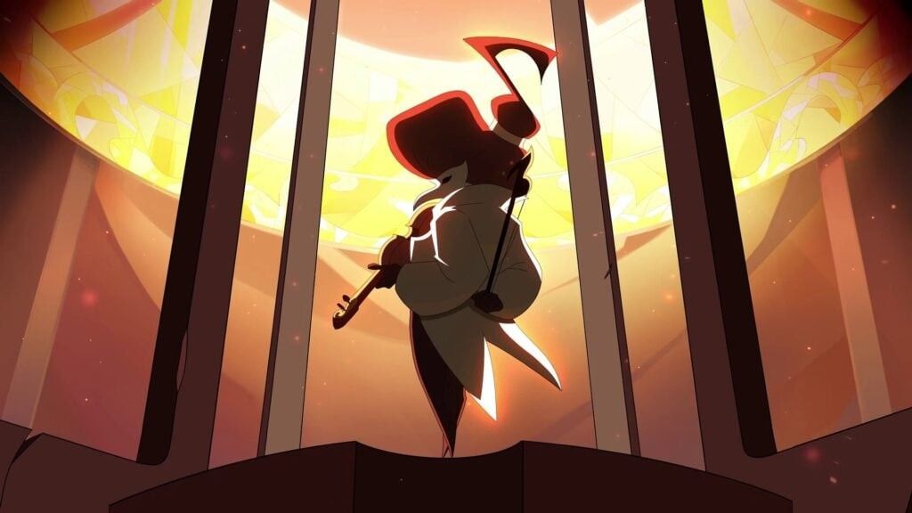 《Symphonia》游戏主视觉图，展现一个充满机械与音符交织的梦幻世界，主角手持小提琴在空中跃动，周围环绕着发光的旋律轨迹