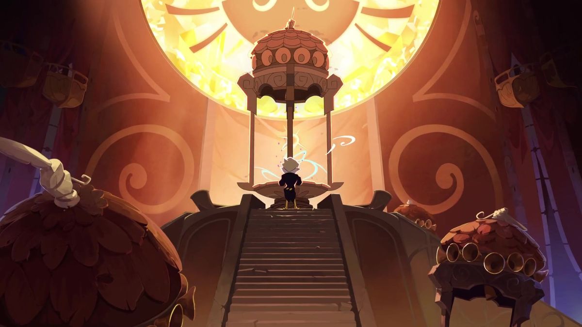 玩家操控角色在齿轮与音符构成的平台上跳跃，背景是巨大的机械风琴结构