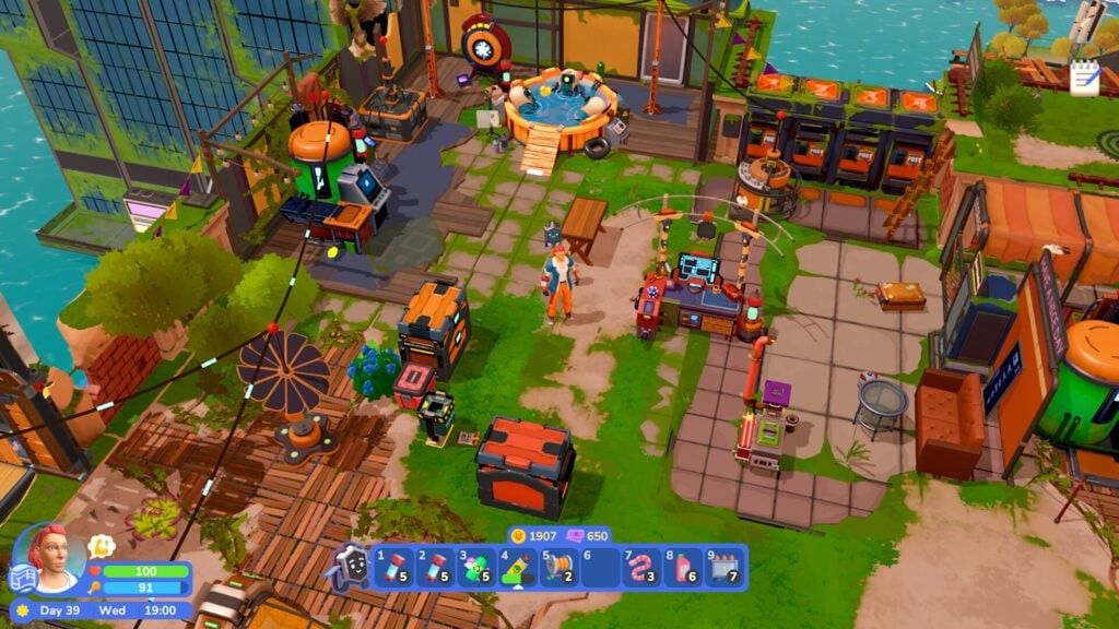 《我是未来》游戏主视觉图，展示被洪水淹没的城市屋顶，玩家角色站在营地旁，远处是破败的摩天大楼与夕阳余晖