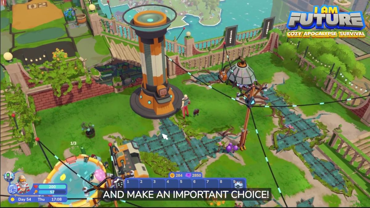 玩家在屋顶种植蔬菜，阳光洒在绿色植物上，背景是湛蓝天空与漂浮的云朵