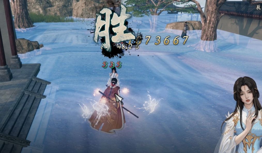 玩家携镜无双通关高难度副本的庆祝画面，屏幕显示‘胜利’字样与角色庆祝动画