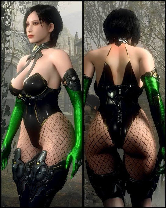 《生化危机4：重制版》中艾达王身穿Freyna终极皮肤的正面展示图，装甲闪耀金属光泽，造型极具未来感