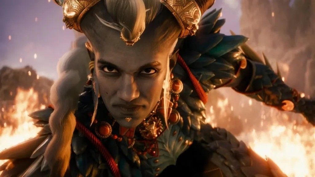 《龙腾世纪4：影障守护者》游戏封面展示，主角身披战甲立于裂隙之前，背景为暗红色天空与神秘符文