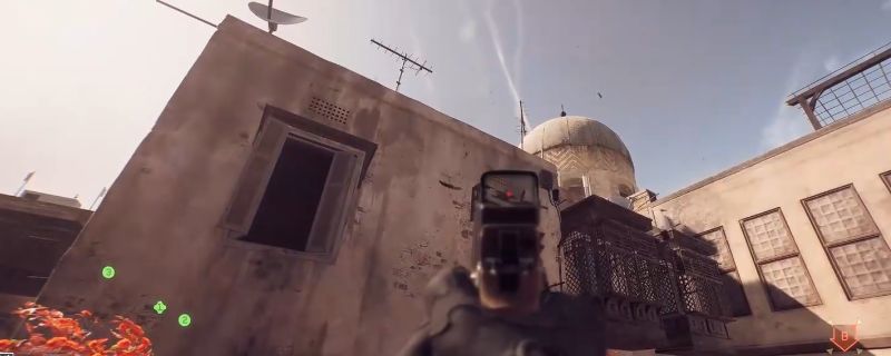 《战地6》开罗围城地图中玩家通过花园椅子攀爬至棚顶的示意图，展示具体起跳位置和路径