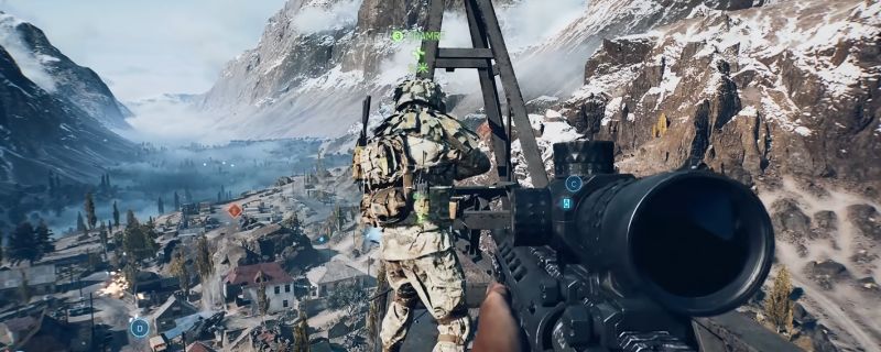 玩家在《战地6》中使用准星对准敌人附近并成功标记的界面示意图，HUD显示敌人已被标记