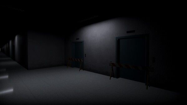 角色面对一扇紧闭的铁门，墙上贴有手写警告标语，气氛紧张