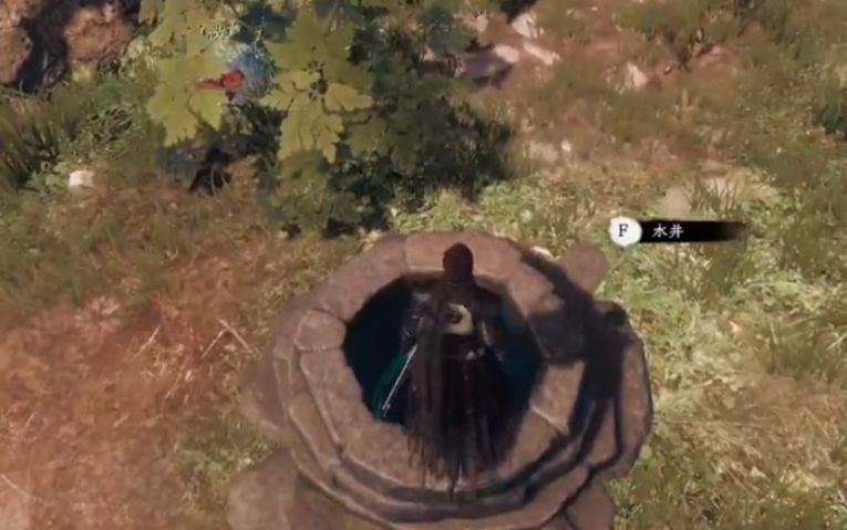 NPC狗子站在水井旁，神情紧张地与主角对话，背景为黄昏下的云鹤村