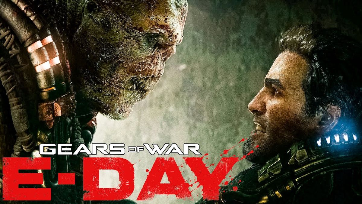 《战争机器：事变日》游戏画面，主角小队在废墟城市中与兽族激烈交火，爆炸火光四起