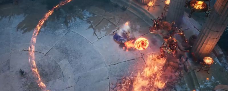 《泰坦之旅2》中火法角色释放大范围火焰法术，地面燃起熊熊烈焰，多个敌人被爆炸火球击中，画面充满视觉冲击力