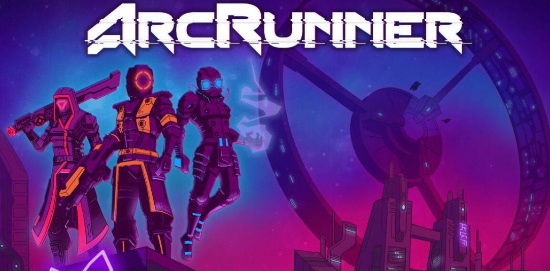 《ArcRunner》Switch版宣传图，画面呈现霓虹光影下的未来空间站，主角持枪疾驰于金属走廊中