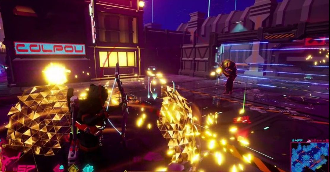 游戏实机画面，主角在充满霓虹灯光的走廊中与一群机械守卫激烈交火，激光与爆炸特效交织