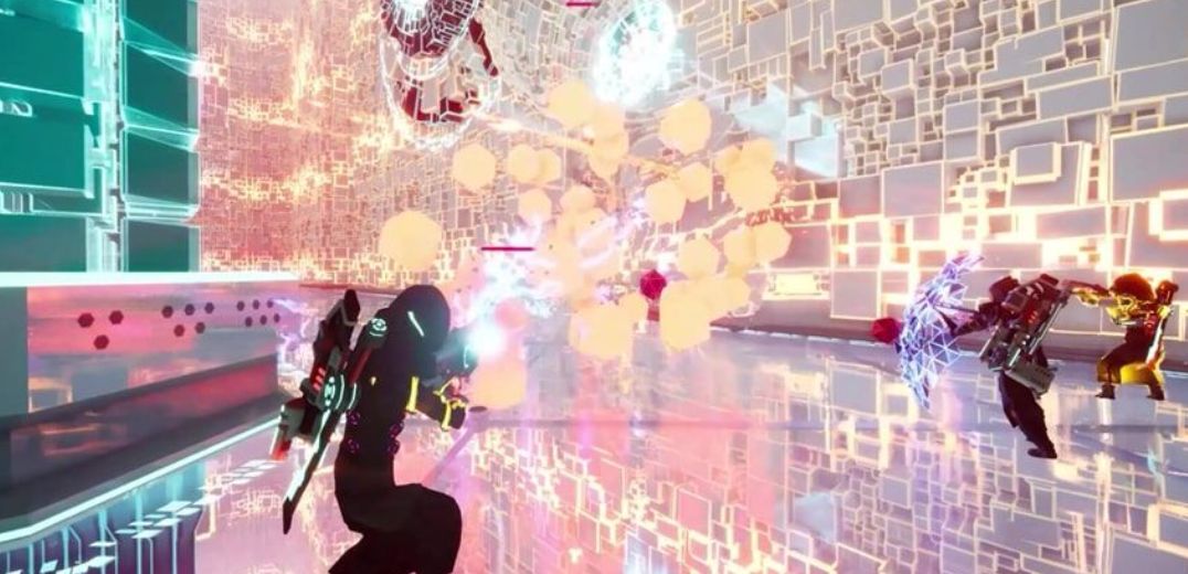 Boss战场景，巨大机械守护者在红色警报背景下发动强力攻击，场面极具压迫感