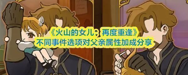 游戏主界面展示父女互动场景，温馨画风中父亲与女儿站在火山村落前，背景有魔法光效闪烁