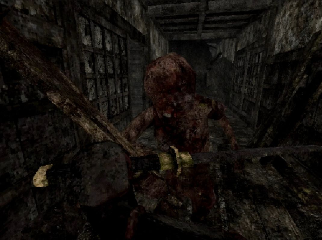 主角手持武士刀在狭窄石廊中警戒前行，墙壁上刻满古老符文，气氛阴森