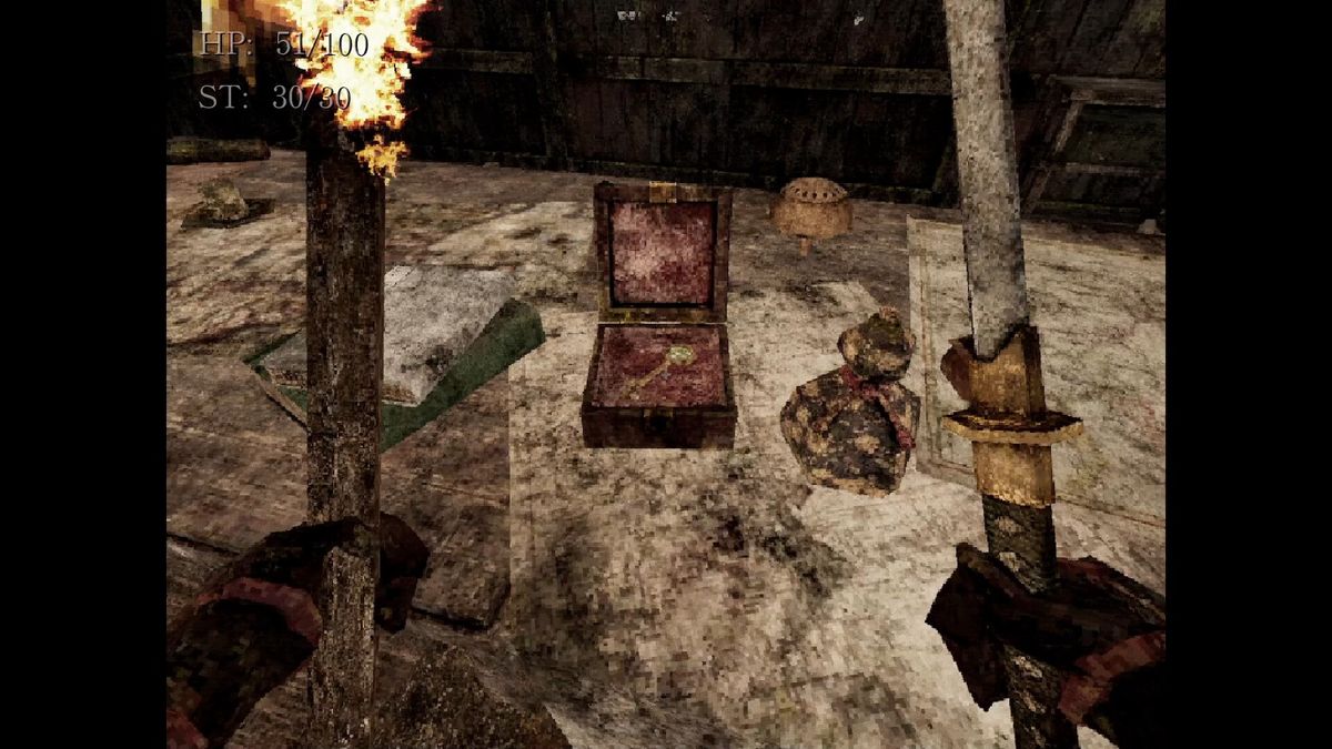 主角蹲身查看地面上的古老卷轴，周围散落着白骨与破碎武器