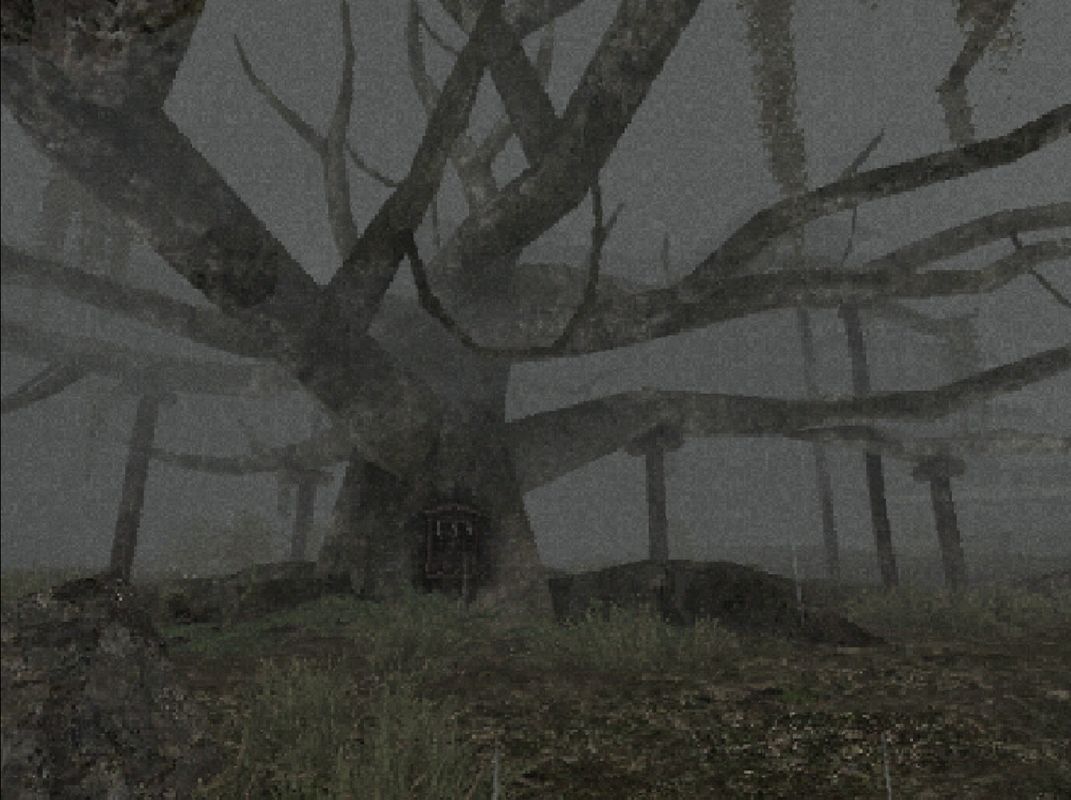 远处走廊尽头浮现一名高大恶魔剪影，双目发出幽绿色光芒