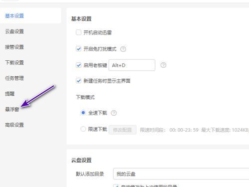 迅雷设置面板左侧悬浮窗功能选项高亮显示