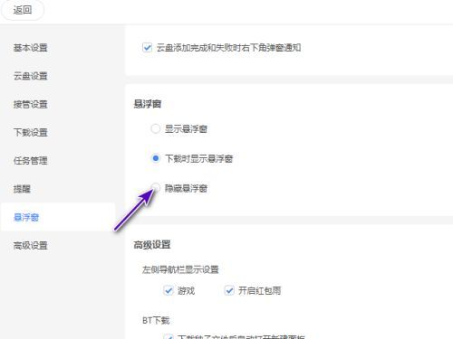 迅雷悬浮窗设置页面中‘隐藏悬浮窗’选项已被勾选的状态截图