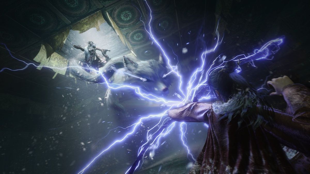 夜晚场景，灯笼摇曳，血迹斑斑的石阶通向一座古庙，气氛阴森恐怖