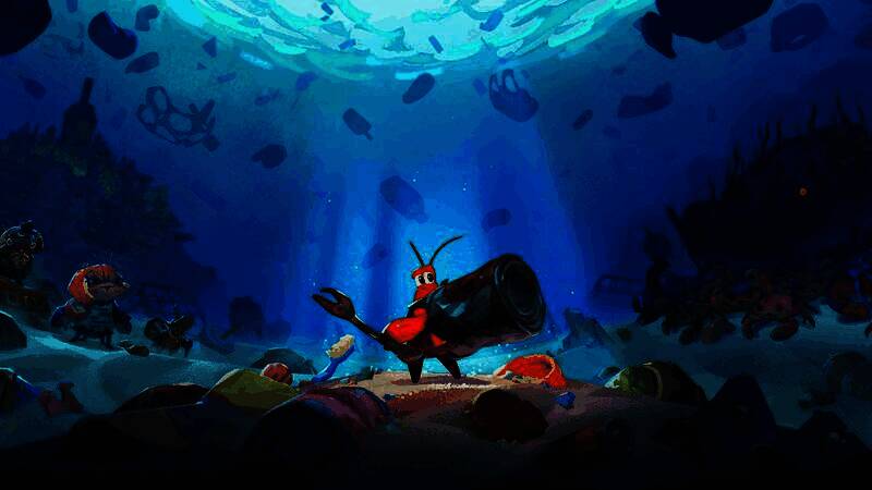 《蟹蟹寻宝奇遇》主角小螃蟹手持剑盾面对巨大Boss的战斗场景，画面充满张力