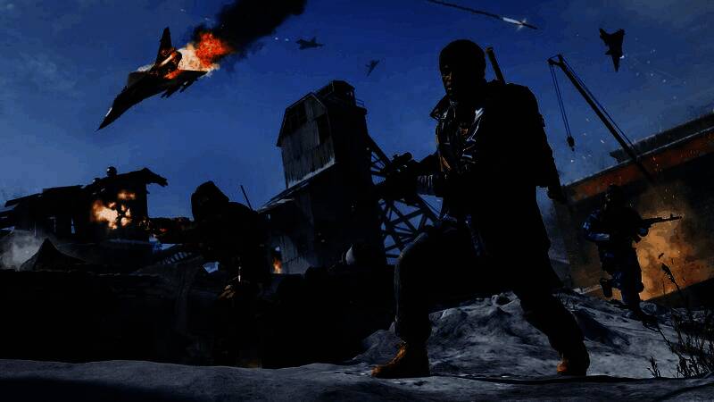 《使命召唤21：黑色行动6》多人对战场景，玩家在‘核弹小镇’地图中激烈交火，爆炸特效与枪火交织