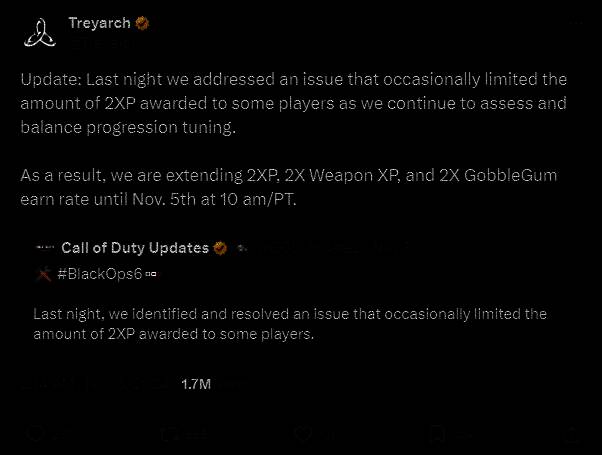 官方公告界面截图，醒目显示双倍经验活动延长至北京时间11月6日凌晨2点