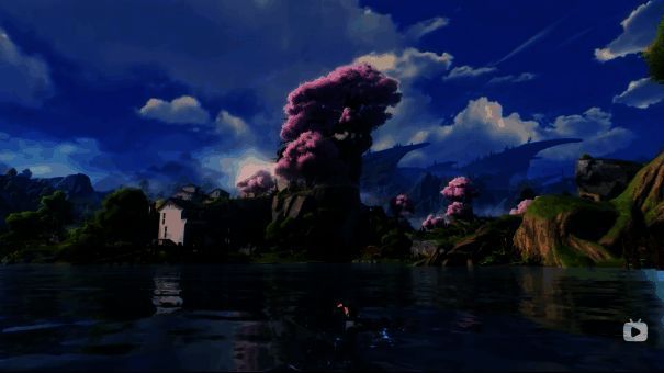 广角镜头下的游戏大世界，夕阳映照在钢铁城市废墟之上，氛围感十足