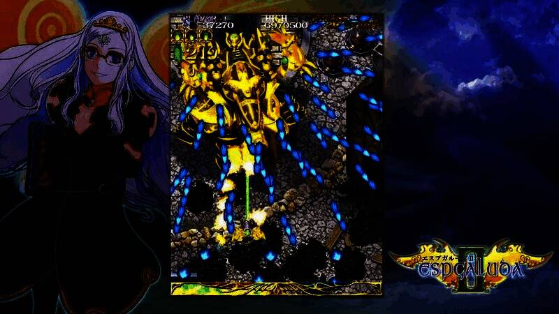 游戏中玩家战机在密集弹幕中极限闪避，屏幕布满红色子弹轨迹，上方显示连击分数与HYPER能量条