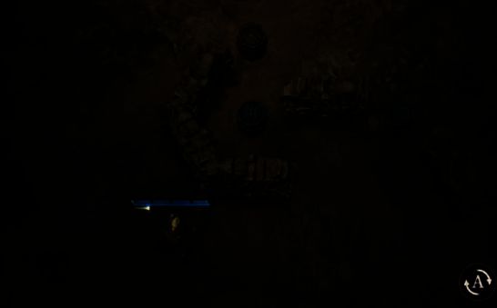 昏暗的圣堂走廊，墙壁上刻有古老壁画，角落有一道隐藏门缝透出微光