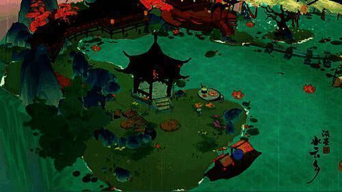 玩家在巴蜀地区建造的城镇实景，依山而建的木屋错落有致，远处是云雾缭绕的悬崖与翠绿竹林