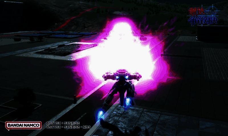 敢达AGE-2使用双管德斯加农炮释放大范围光束照射，画面充满能量光束与爆炸特效