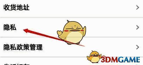 隐私设置入口页面，列表中清晰列出‘隐私’选项，点击即可进入下一级设置