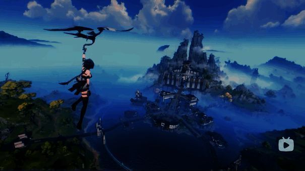 漂泊者从空中飞向今州城，城市全景在镜头下缓缓展开，充满未来废土感